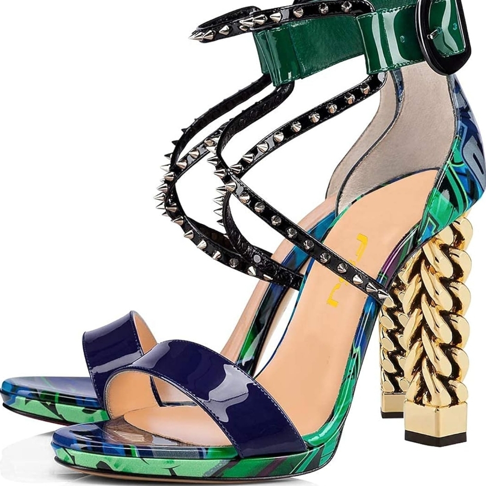 FSJ Green and Blue Heels with Gold Accents